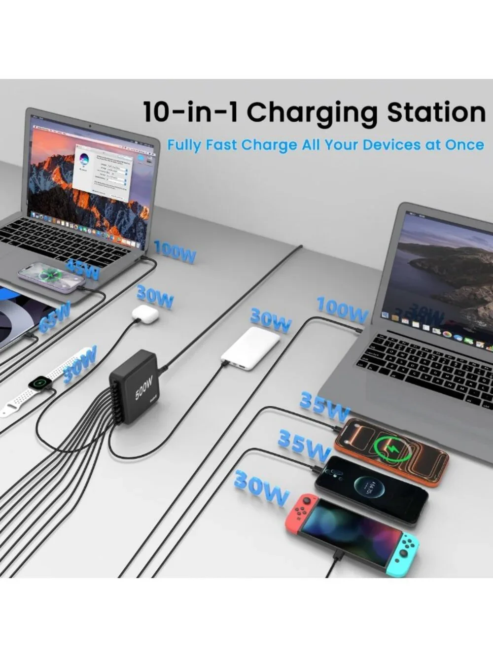 10-Port USB C Charging Station Hub - 500W Fast Charger for MacBook, iPad, iPhone